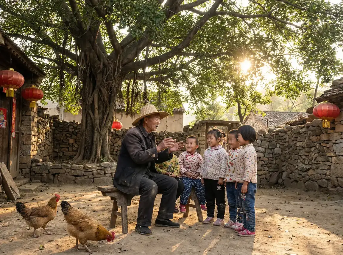 老人在大榕树下给孩子们讲故事 - 狼人综合狼人综合 乡村记忆